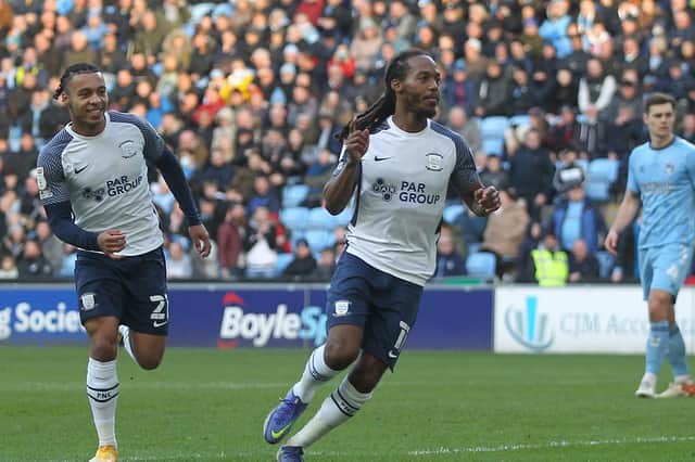 Daniel Johnson celebrates with Cameron Archer after scoring PNE's goal at Coventry