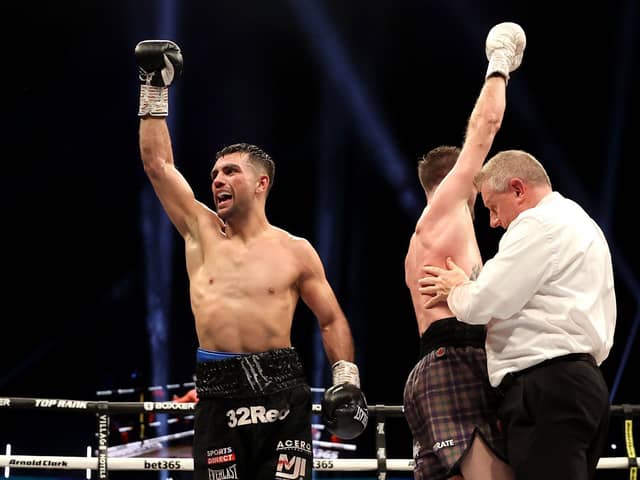 Jack Catterall (left) Josh Taylor both celebrate at the end of the fight