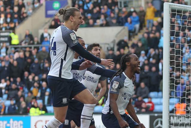Daniel Johnson celebrates scoring his penalty in Preston North End’s draw at Coventry