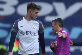 Liam Lindsay is sent off by referee Keith Stroud at Coventry on Saturday