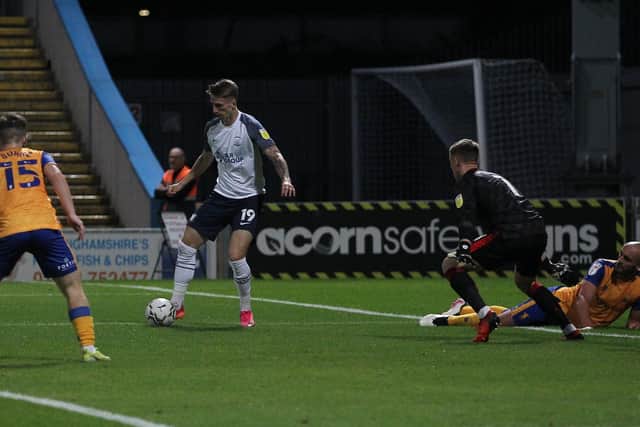 Emil Riis scores for Preston North End against Mansfield Town in the Carabao Cup at Field Mill