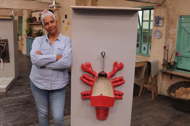 Christine Cherry pictured with the lobster urinal created for the semi-final of The Great Pottery Throwdown Photo: Love Productions