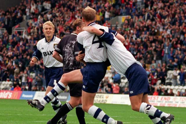Preston defender Colin Murdock (No.4) celebrates scoring the winner against Brentford at Deepdale in October 1997