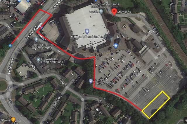 The area allocated for Chorley District Hospital staff is highlighted in yellow. Pic: Google