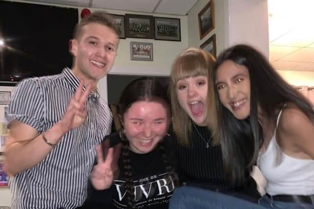 An ecstatic Anna with three of her  friends from high school, Joe Ward, Alicja Matuszeweska and Danielle Buksh attending the launch for her music on Spotify in 2019