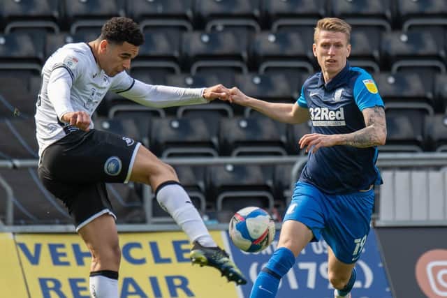 PNE striker Emil Riis in action against Swansea at the Liberty Stadium