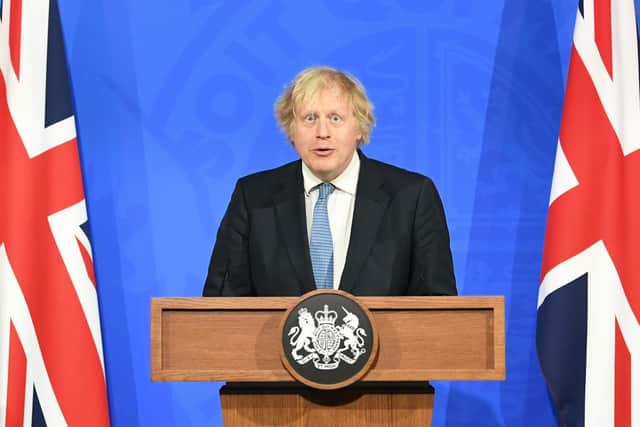 Prime Minister Boris Johnson, during a media briefing in Downing Street, London, on coronavirus (Covid-19). Picture date: Monday April 5, 2021.