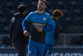 Louis Moult in the warm-up before Preston North End's win at Swansea on Easter Monday