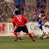 Jonathan Macken gives Preston North End the lead against Bristol Rovers at the Memorial Ground in April 2000