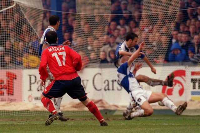 Jonathan Macken gives Preston North End the lead against Bristol Rovers at the Memorial Ground in April 2000