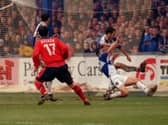 Jonathan Macken gives Preston North End the lead against Bristol Rovers at the Memorial Ground in April 2000