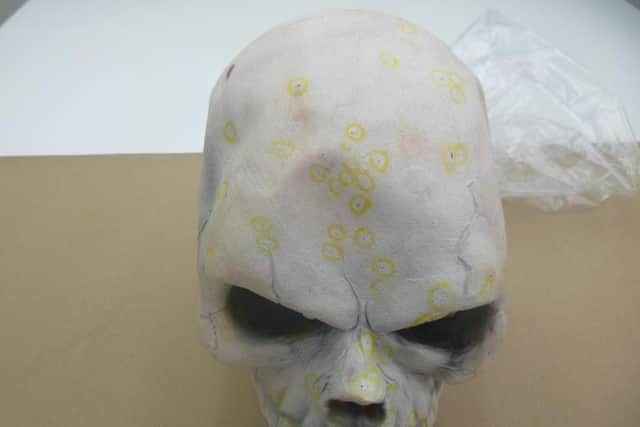 This rubber Halloween mask was found covered in blood spots belonging to Susan. It was found outside Edwards’ flat in Blackburn Road, Darwen, where she had lived with him