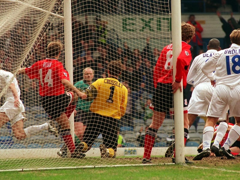 David Wetherall celebrates scoring against Nottingham Forest at Elland Road in April 1996.