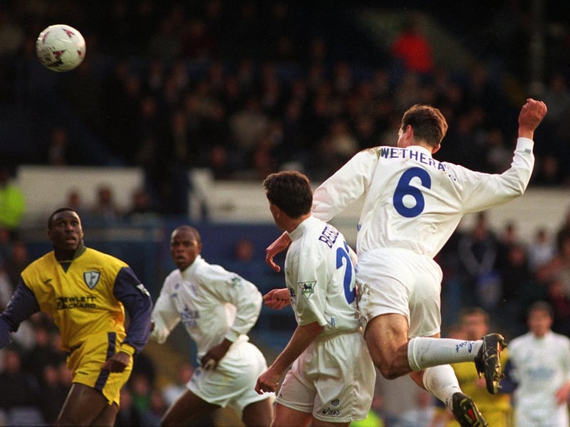 David Wetherall heads home against Tottenham Hotspur at Elland Road in May 1996.