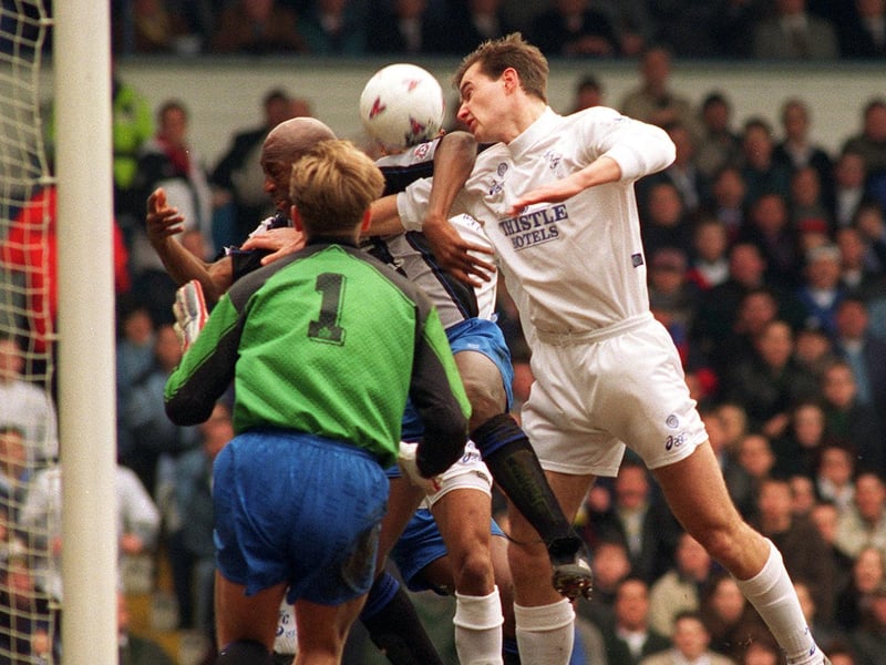 David Wetherall on the attack during Leeds United's Coca Cola Cup semi-final second leg against Birmingham City at Elland Road in March 1996.