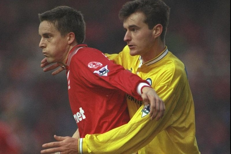December 1996 and Middlesbrough's Jan Aage Fjortoft keeps David Wetherall at bay during the Premier League clash at the Riverside Stadium. The game ended goalless.