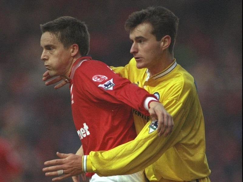 December 1996 and Middlesbrough's Jan Aage Fjortoft keeps David Wetherall at bay during the Premier League clash at the Riverside Stadium. The game ended goalless.