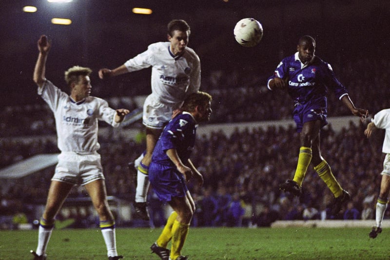 David Wetherall rises to score his first ever Leeds United goal. It was against Chelsea at Elland Road in March 1993.