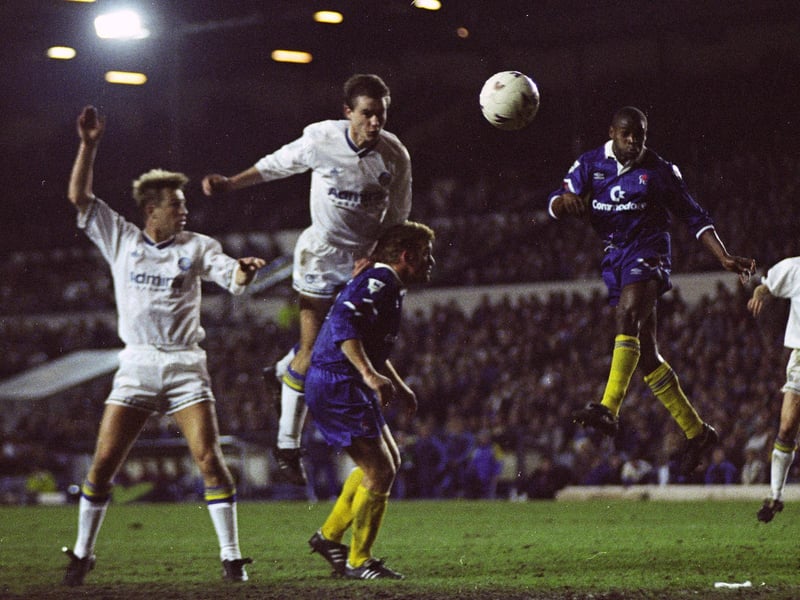 David Wetherall rises to score his first ever Leeds United goal. It was against Chelsea at Elland Road in March 1993.