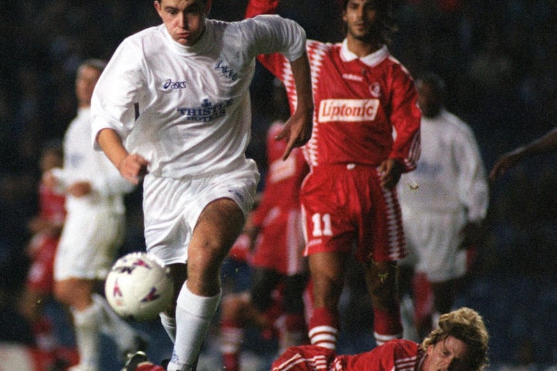 David Wetherall races for the ball leaving Monaco's Emmanuel Petit grounded during the UEFA Cup first round second leg clash at Elland Road in September 1995.