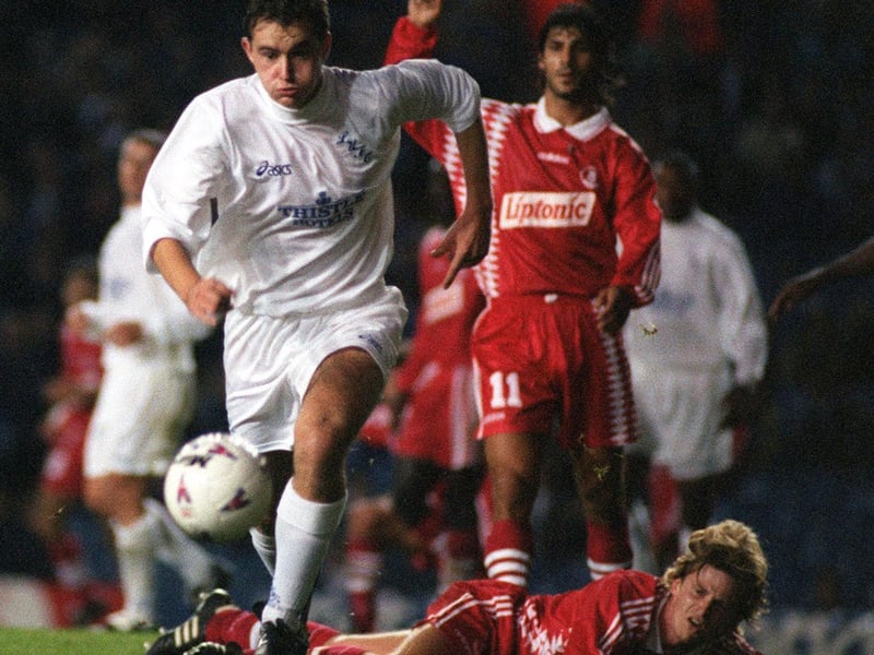 David Wetherall races for the ball leaving Monaco's Emmanuel Petit grounded during the UEFA Cup first round second leg clash at Elland Road in September 1995.