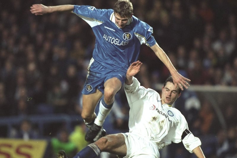Chelsea's Tore Andre Flo skips over David Wetherall during the Premiership clash  at Stamford Bridge in December 1997. The game ended goalless.
