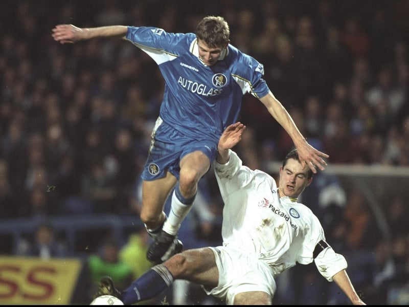Chelsea's Tore Andre Flo skips over David Wetherall during the Premiership clash at Stamford Bridge in December 1997. The game ended goalless.