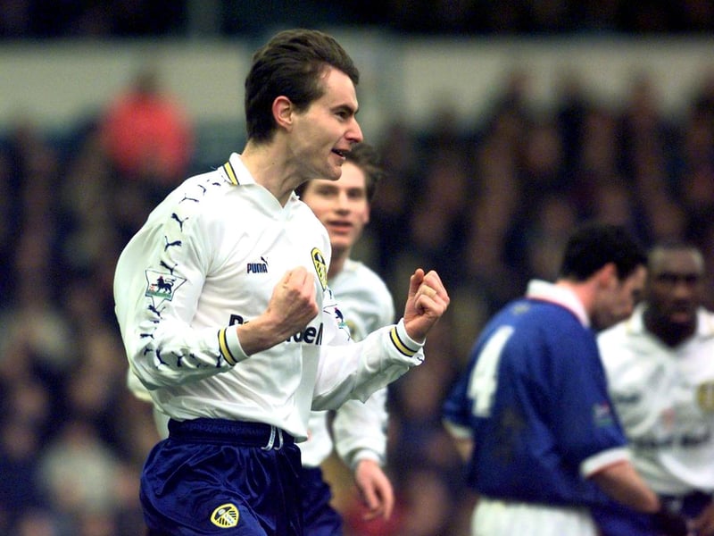 David Wetherall celebrates scoring against Portsmouth in the fourth round of the FA Cup at Fratton Park in January 1999. Leeds won 5-1.