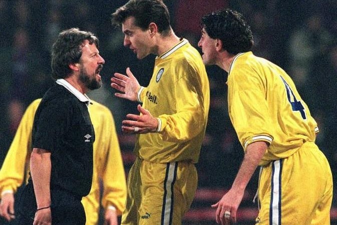 David Wetherall has his say over a decision by referee Roger Dilkes to award a penalty to Crystal Palace during the FA Cup third round clash at Selhurst Park in January 1997.