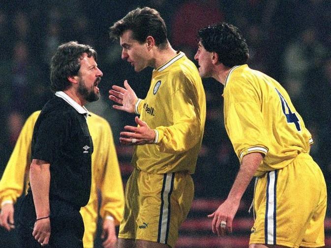 David Wetherall has his say over a decision by referee Roger Dilkes to award a penalty to Crystal Palace during the FA Cup third round clash at Selhurst Park in January 1997.