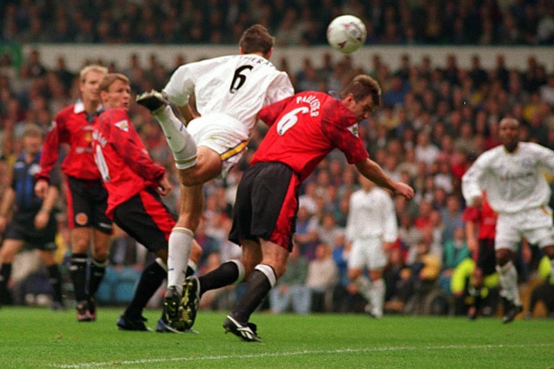 David Wetherall heads home the winning goal against Manchester United at Elland Road in September 1997.