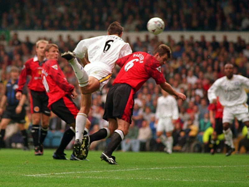 David Wetherall heads home the winning goal against Manchester United at Elland Road in September 1997.