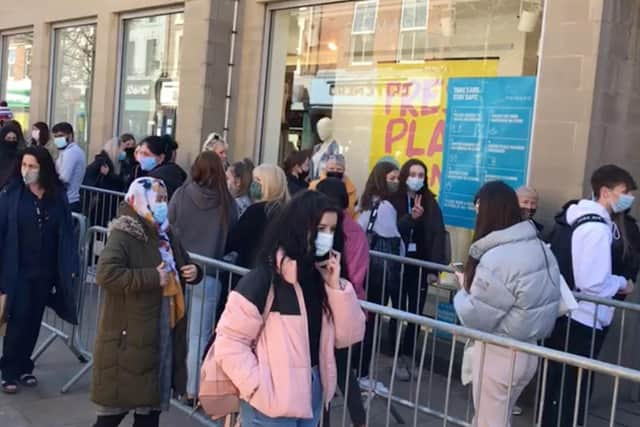 Eager shoppers queuing outside of the Primark store in Fishergate.