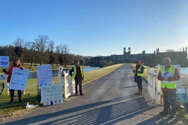 The NEU picket outside Stonyhurst College this morning.