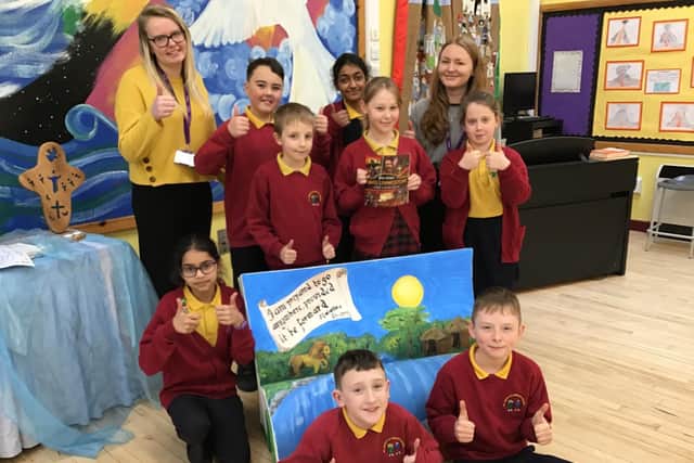 Chorley St James pupils with student teachers from Edge Hill University Phillipa Jennings and Emily Banks