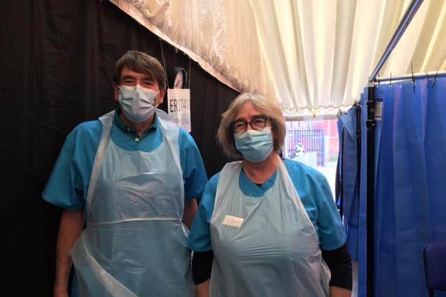 Dr Clive Barker and Dr Anne Allister, in the vaccination tent at the Ryan Medical Centre, in Bamber Bridge