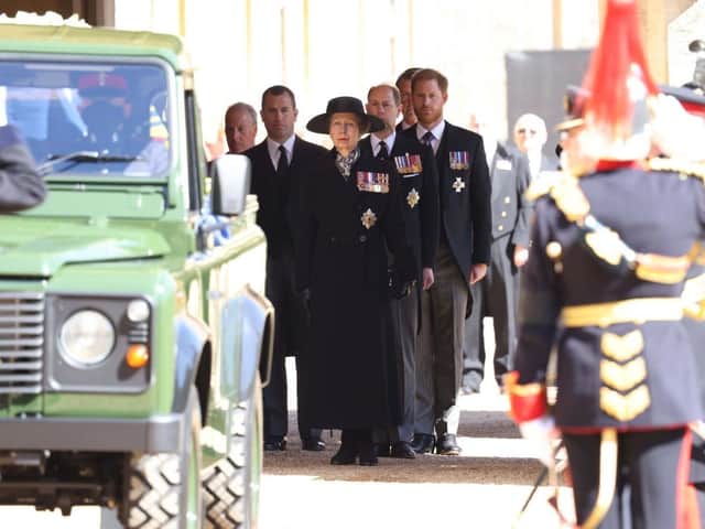 The Princess Royal, the Earl of Wessex and Forfar and the Duke of Sussex, and follow the Land Rover Defender carrying the Duke of Edinburgh's coffin during the funeral of the Duke of Edinburgh at Windsor Castle, Berkshire