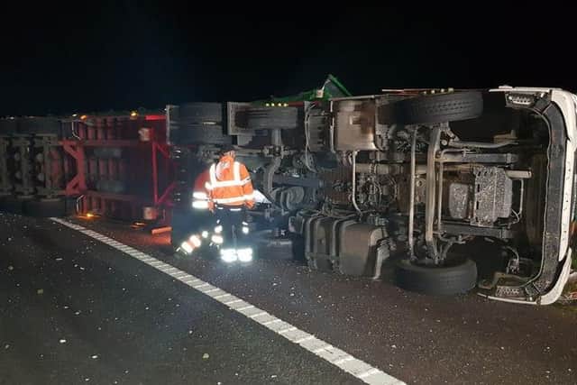 The lorry overturned on the M6. Pic: Lancs Road Police