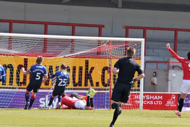 Aaron Wildig scores for Morecambe against Oldham Athletic at the weekend