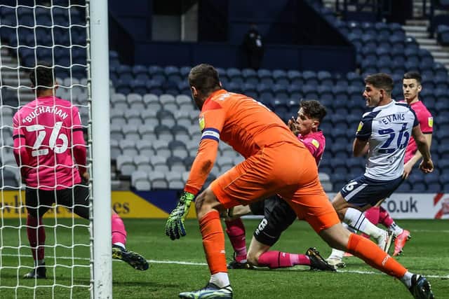 Ched Evans fires home Preston North End's second goal against Derby County at Deepdale