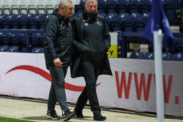 PNE interim head coach Frankie McAvoy with Derby's Steve McClaren