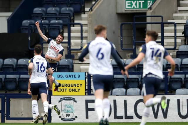 Ben Whiteman jumps for joy after scoring his first goal in Preston colours