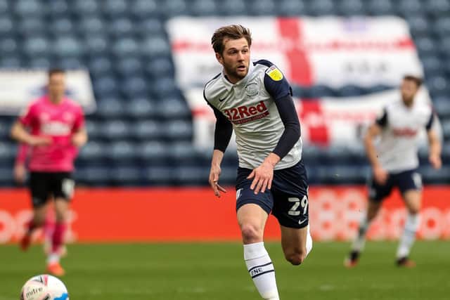 Preston North End's Tom Barkhuizen in action against Derby County at Deepdale