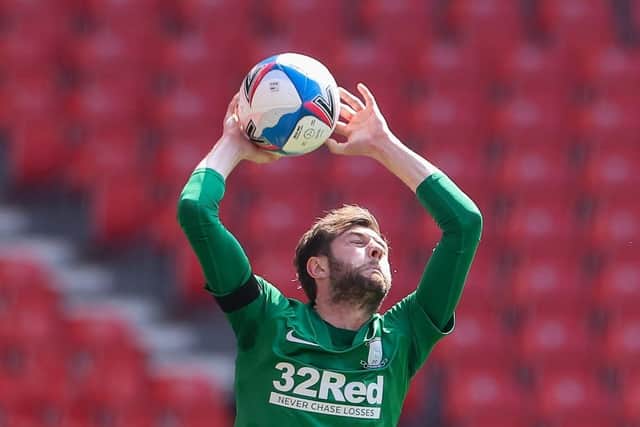 Tom Barkhuizen takes a long throw in PNE's 0-0 draw at Stoke