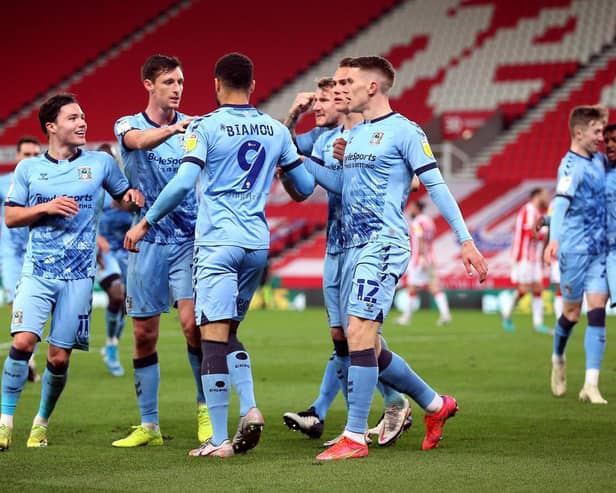 Maxime Biamou celebrates scoring Coventry's second goal in their 3-2 win over Stoke City on Wednesday.