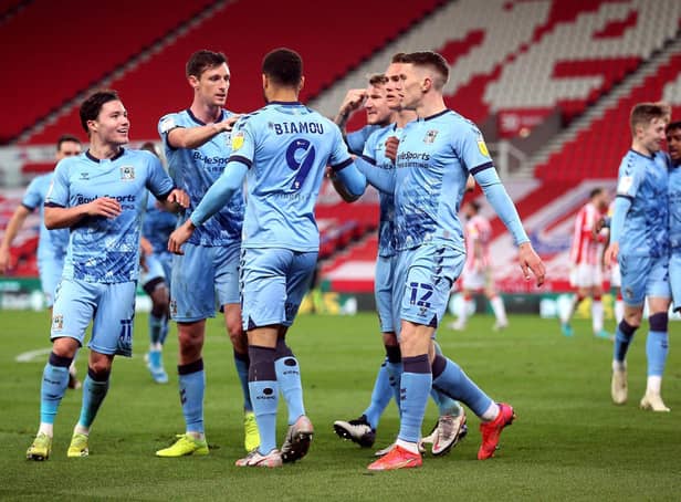 Maxime Biamou celebrates scoring Coventry's second goal in their 3-2 win over Stoke City on Wednesday.