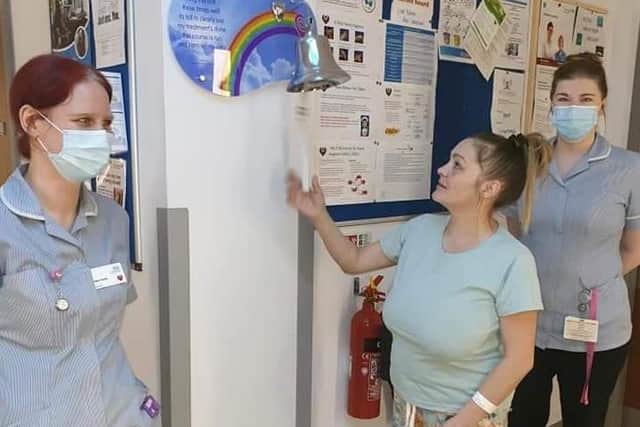 Vikkie Ayres rang the bell at Royal Preston Hospital when she was first given the all clear
