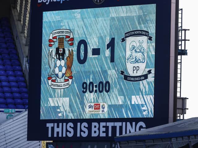 The scoreboard at At Andrews showing PNE's victory over Coventry.