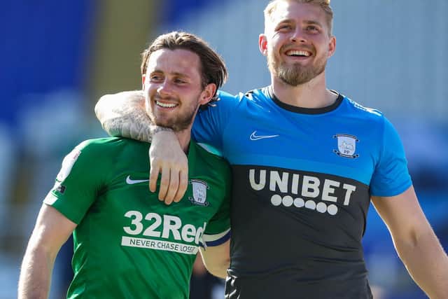 PNE skipper Alan Browne shares a laugh with Connor Ripley after the victory over Coventry at St Andrew's