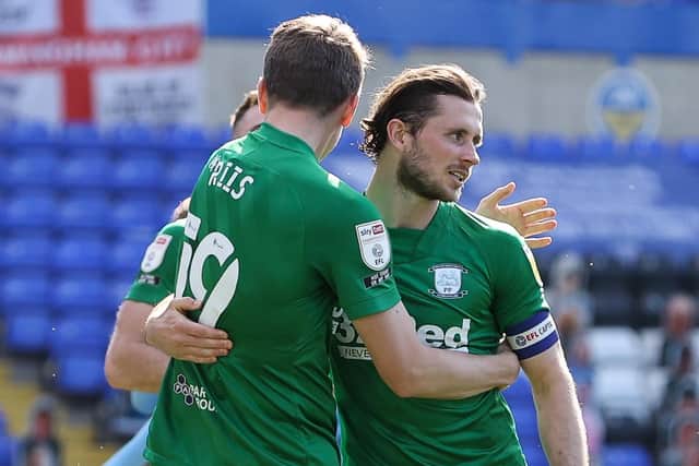 PNE skipper Alan Browne is congratulated by Emil Riis after scoring the winner at Coventry